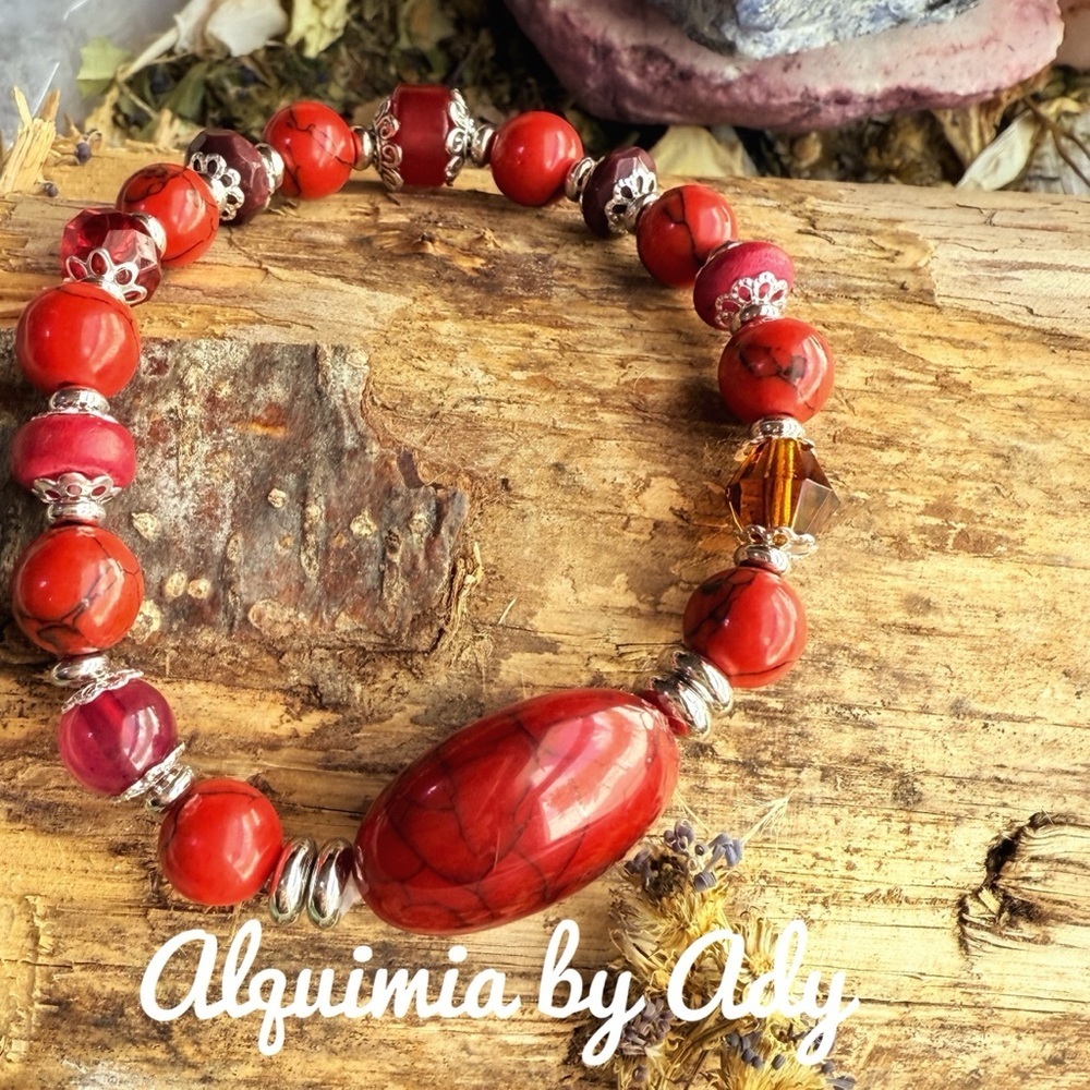 Cherry vibes dark red turquoise hand crafted beaded bracelet